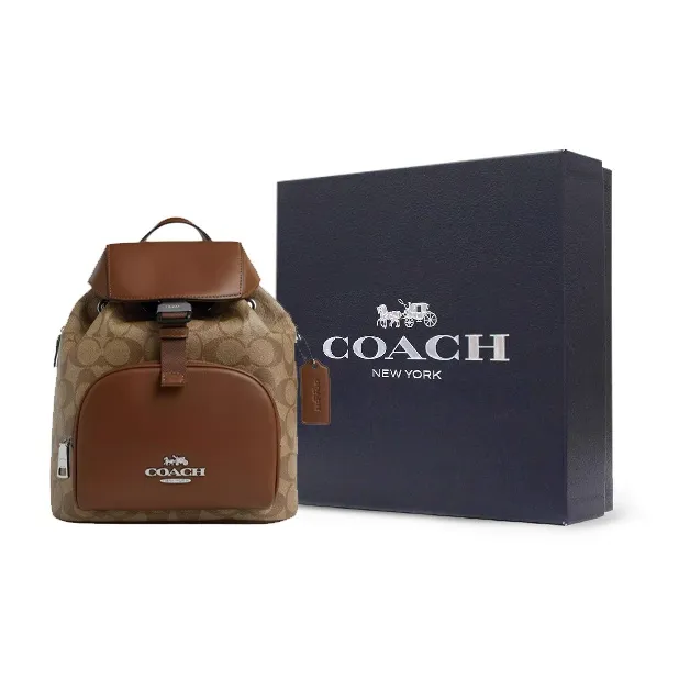 COACH Coated Canvas With Genuine Calfskin Backpack Small Size Women's Khaki & Saddle Brown-5