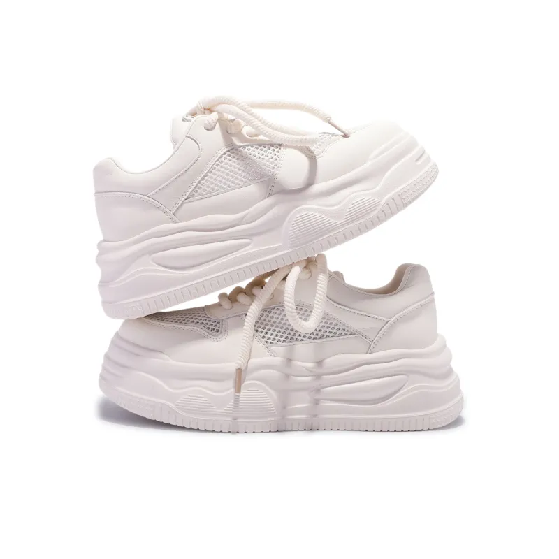Shen Linsen Slip Resistant Waterproof Cushioning Height Increasing Low Top Skateboard Shoes Women's Raw White-5