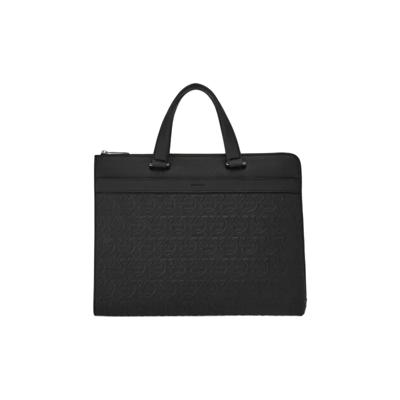 FERRAGAMO Embossed Calfskin Handbag Briefcase Men's Black-2