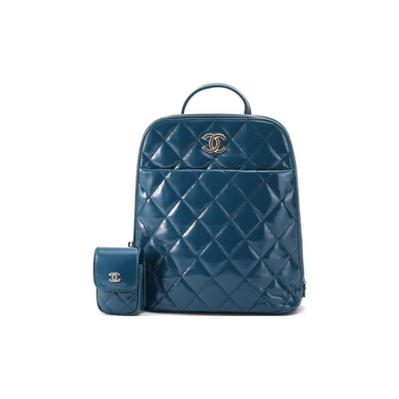 CHANEL Shiny Cow Leather 2 in 1 Earphone Case Backpack Women's Blue-4