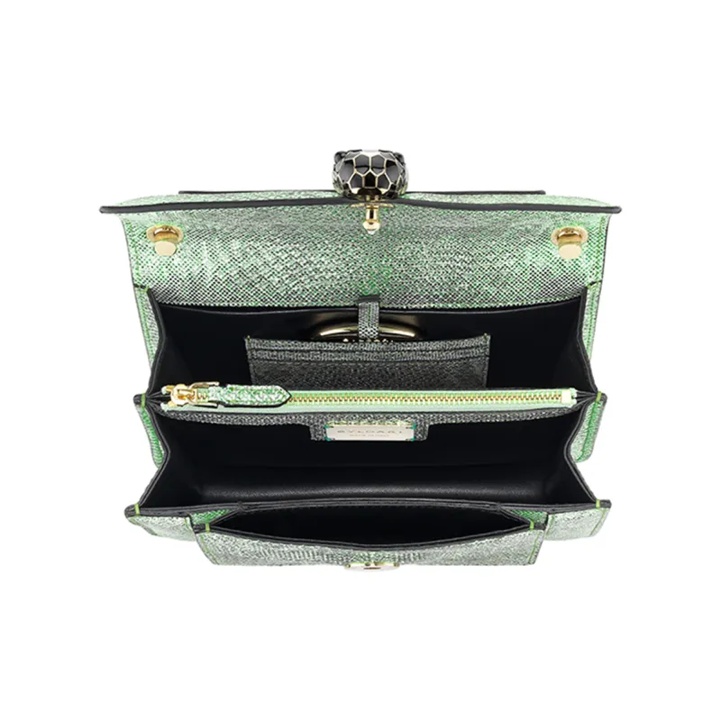 BVLGARI Calfskin Water Snake Skin One Shoulder Handbag Women's Mint Metallic-3