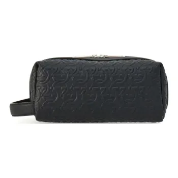 FERRAGAMO GANCINI Embossed Hammered Calfskin Makeup Bags Toiletry Bags Men's Black