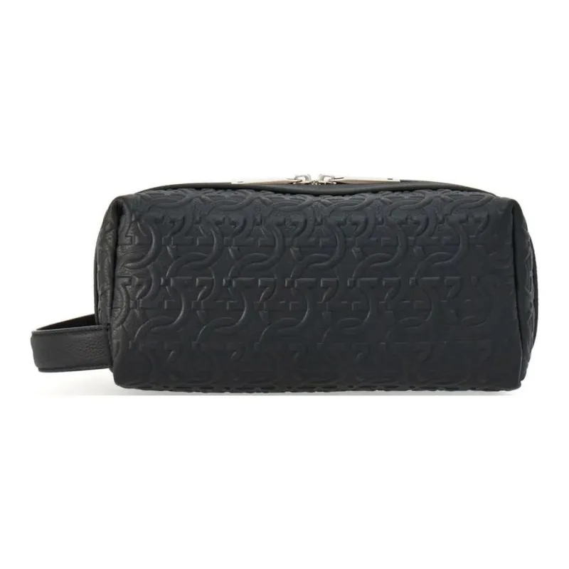 FERRAGAMO GANCINI Embossed Hammered Calfskin Makeup Bags Toiletry Bags Men's Black-0