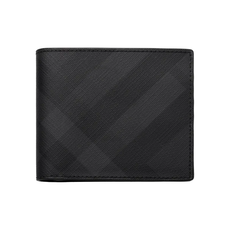 Burberry International Bifold Wallet London Check And Leather 8 Card Slot Dark Charcoal-1
