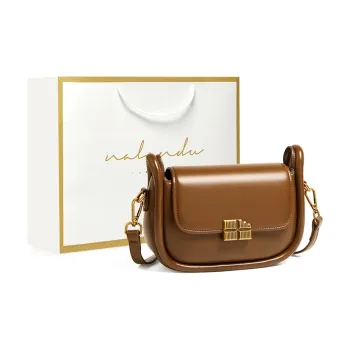 Narandu Synthetic Leather Saddle Bag Small Square Bag Shoulder Bag Crossbody Bag Women's Toffee Brown/Ecru & Brown