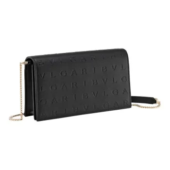 BVLGARI Logo Calfskin Wallet Shoulder Bag Crossbody Bag Women's Black
