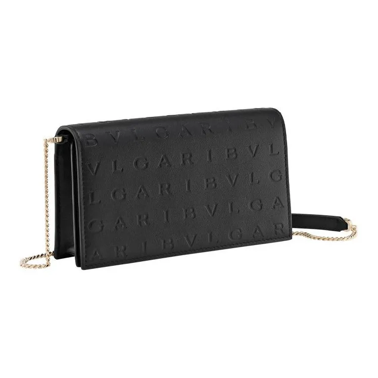 BVLGARI Logo Calfskin Wallet Shoulder Bag Crossbody Bag Women's Black-0