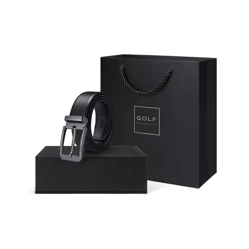 GOLF Top Grain Cow Leather Pin Buckle Belt Men's Black 3.65cm Wide-6