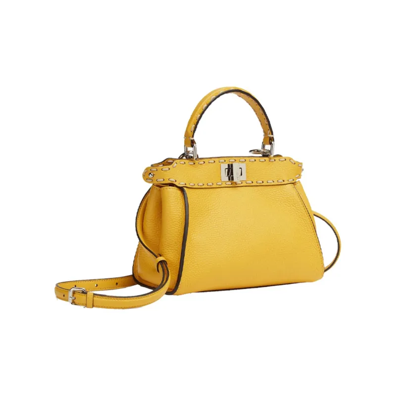 FENDI Peekaboo Full Textured Leather Shoulder Bag Crossbody Bag Handbag Mini Women's Yellow-1