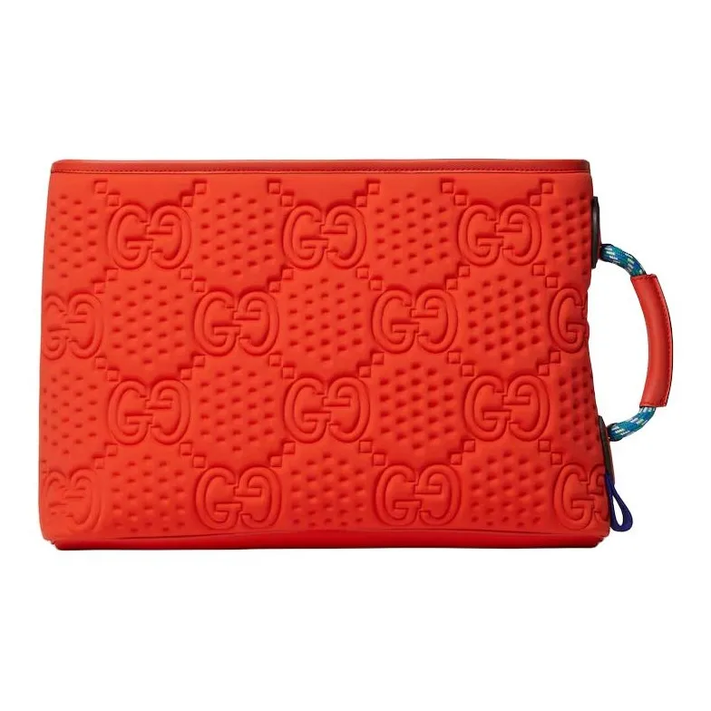 GUCCI Polyurethane With Artificial Silk And Leather Clutch Large Size Women's Orange-3