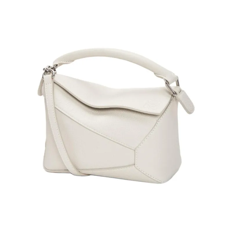 LOEWE Puzzle Soft Grain Calfskin Puzzle Bag, Shoulder Bag, Crossbody Bag, Handbag Mini Women's White-0