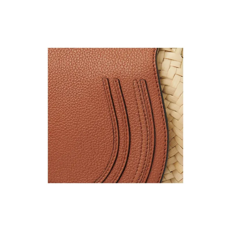 Chloe Marcie Raffia Design Grained Calfskin Saddle Bag Shoulder Bag Crossbody Bag Small Size Women's Beige/Brown-3
