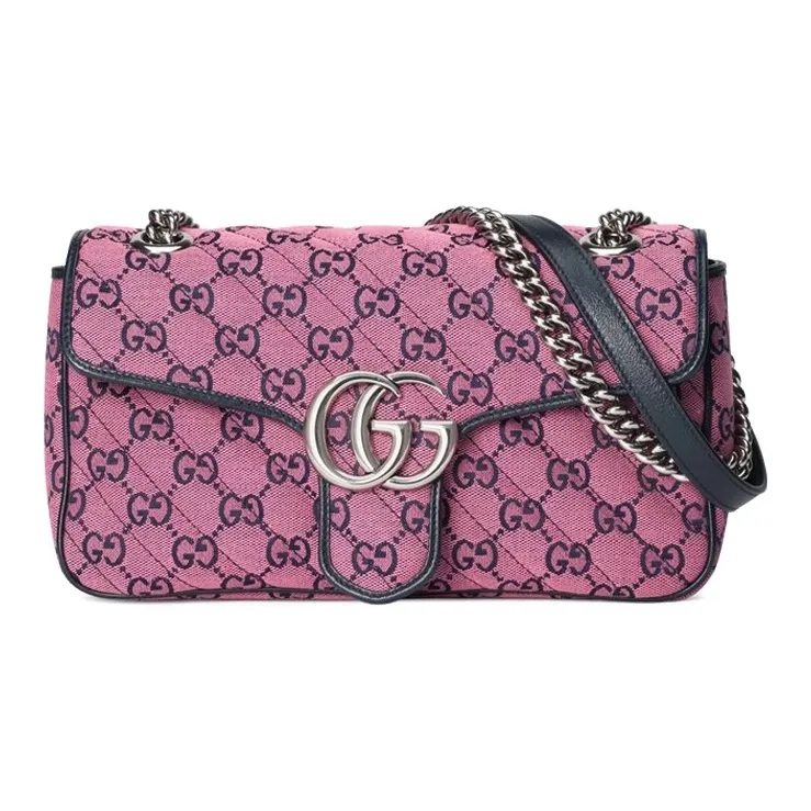 GUCCI GG Marmont Patchwork Canvas One Shoulder Canvas Bag Crossbody Bags Small Size Women's Pink/Dark Blue-0