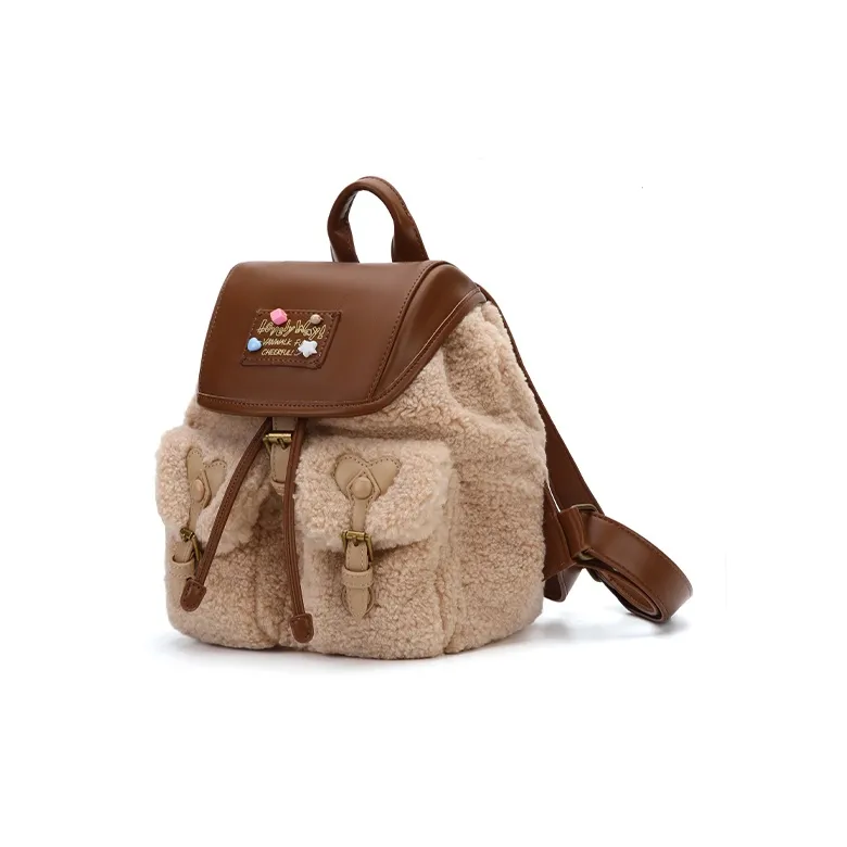 VANWALK Plush Polyester Backpack Regular Women's Cream Puff Milkshake White/Hazelnut Cocoa Brown-4