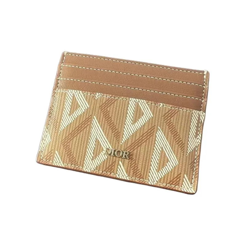 DIOR Smooth Cow Leather Cotton Grey Canvas Card Holder Men's Coffee-2
