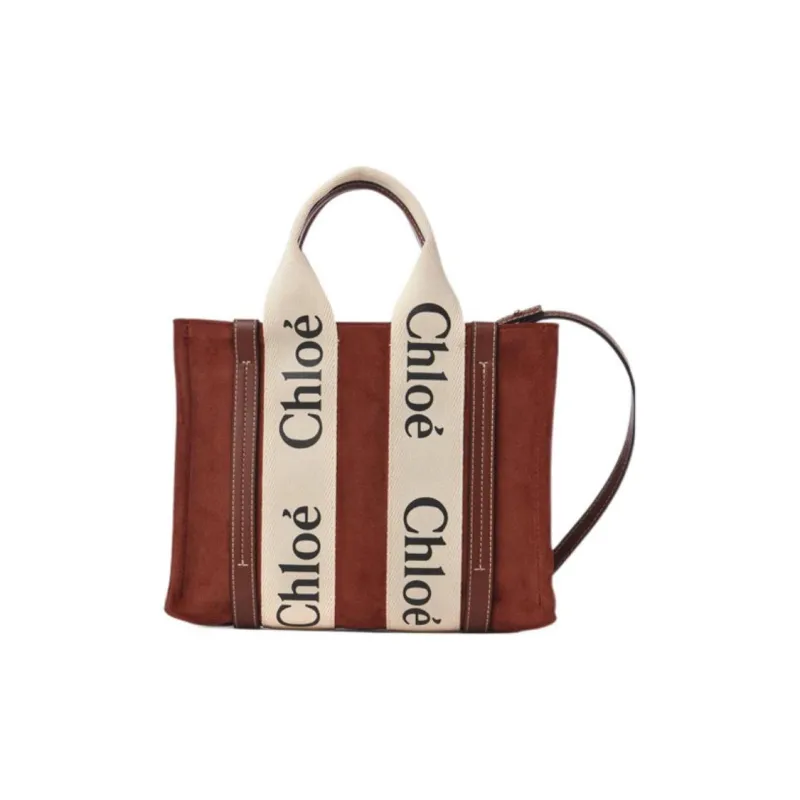 Chloe Woody Suede And Shiny Calfskin Tote Bag Shopping Bag Handbag Small Size Women's Brown-0