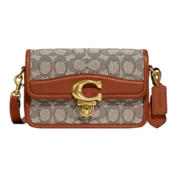 COACH Studio Cow Leather Patchwork With Fabric Messenger Bag Crossbody Bag Shoulder Bag Women's Gray & Brown