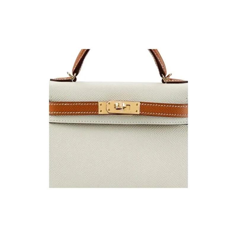 HERMES Mini Kelly Generation 1 Epsom Leather One Shoulder Handbags Mini Women's Nata Cream White With Gold Brown-5