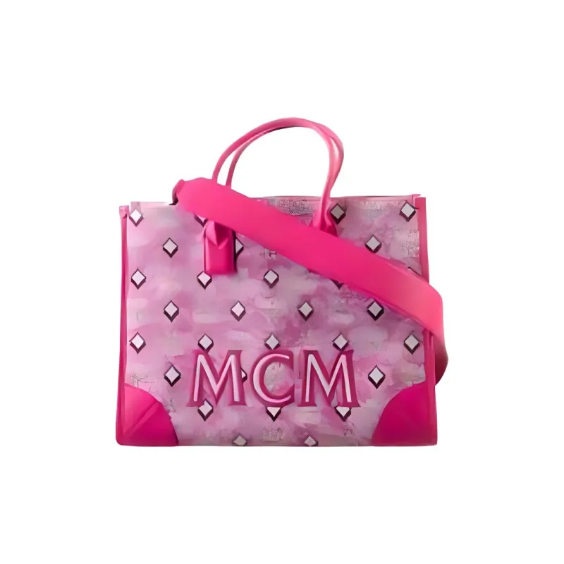 MCM Vintage Monogram Fabric Cow Leather Patchwork Shoulder Bag Crossbody Bag Handbag Small Size Women's Pink-2