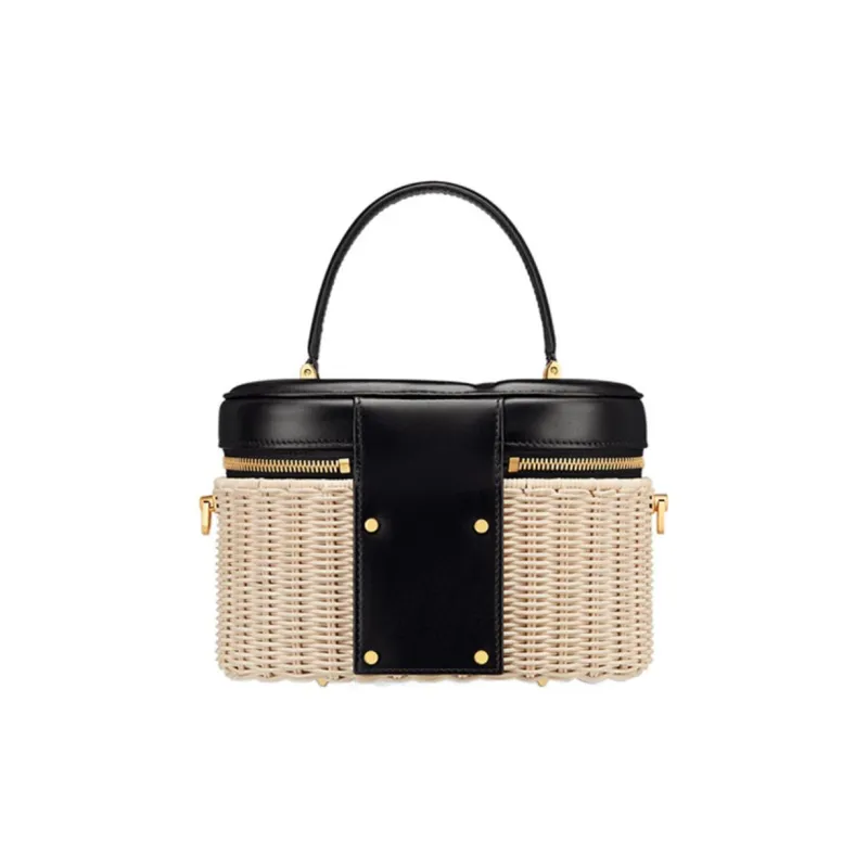 DIOR Wicker With Calfskin Shoulder Bag Crossbody Bag Handbag Makeup Bag Medium Size Women's Natural Color/Black-2