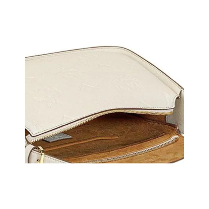 MCM Visetos Leather Shoulder Bag Portable Crossbody Bag Shoulder Bag Small Size Women's Beige-4