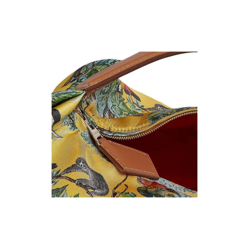 HERMES Balusoie Silk Patchwork Hunter Cow Leather Lunch Box Bag Handbag Women's Naples Yellow With Natural-2