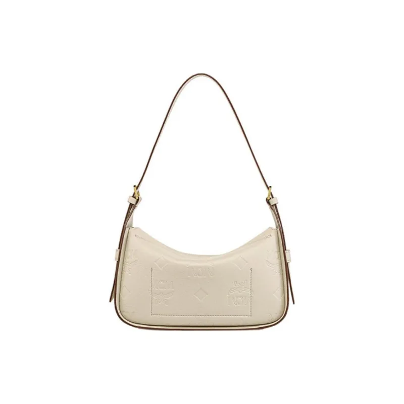 MCM Visetos Leather Shoulder Bag Portable Crossbody Bag Shoulder Bag Small Size Women's Beige-1