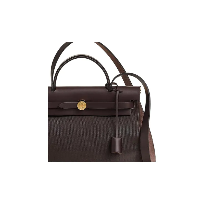 HERMES Herbag Zip Berline Canvas With Hunter Cow Leather Shoulder Bag Crossbody Bag Handbag Unisex Ebony-4