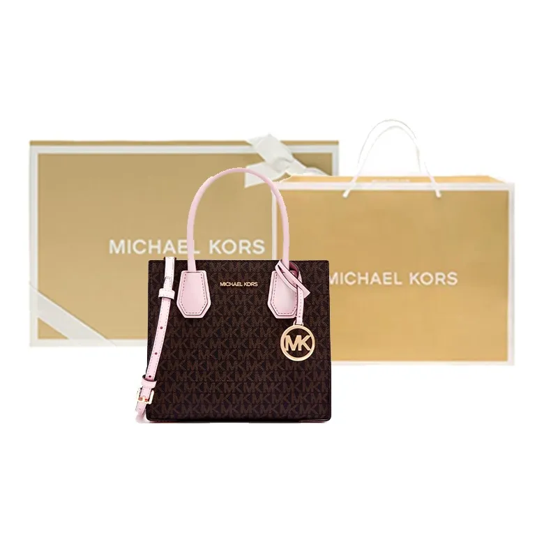 MICHAEL KORS Mercer Leather Trunk Bag, Shoulder Bag, Crossbody Bag, Handbag Medium Size Women's Brown & Pink-7