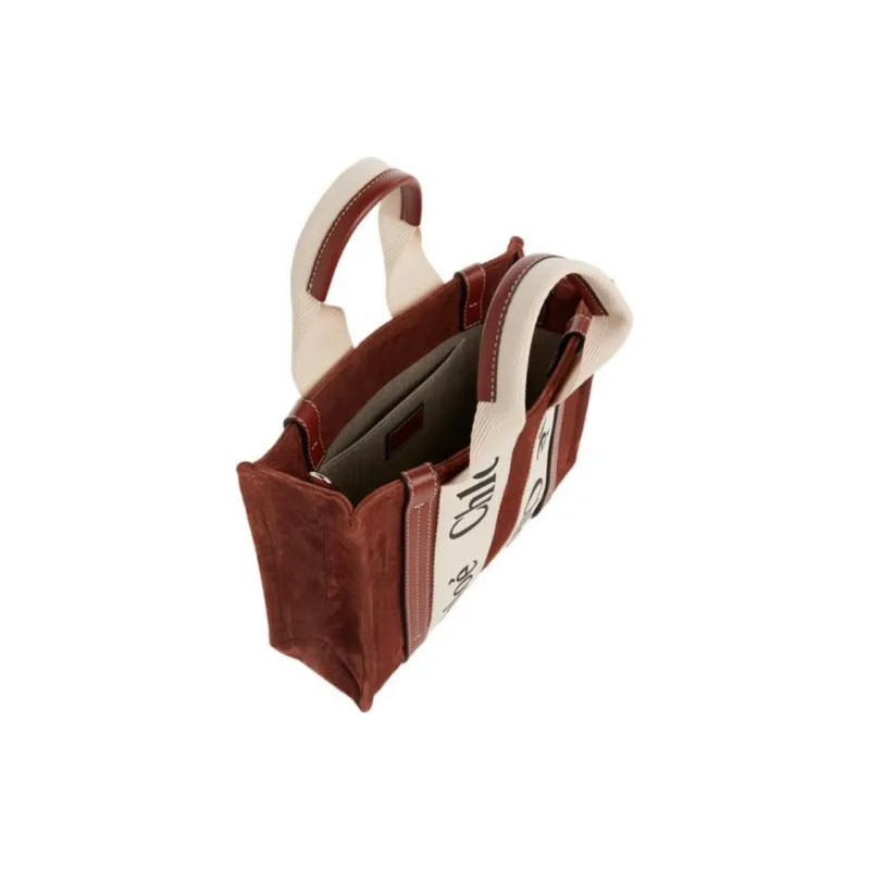 Chloe Woody Suede And Shiny Calfskin Tote Bag Shopping Bag Handbag Small Size Women's Brown-3