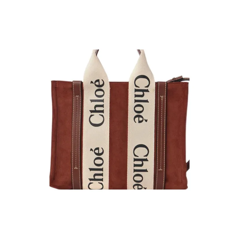 Chloe Woody Suede And Shiny Calfskin Tote Bag Shopping Bag Handbag Small Size Women's Brown-4