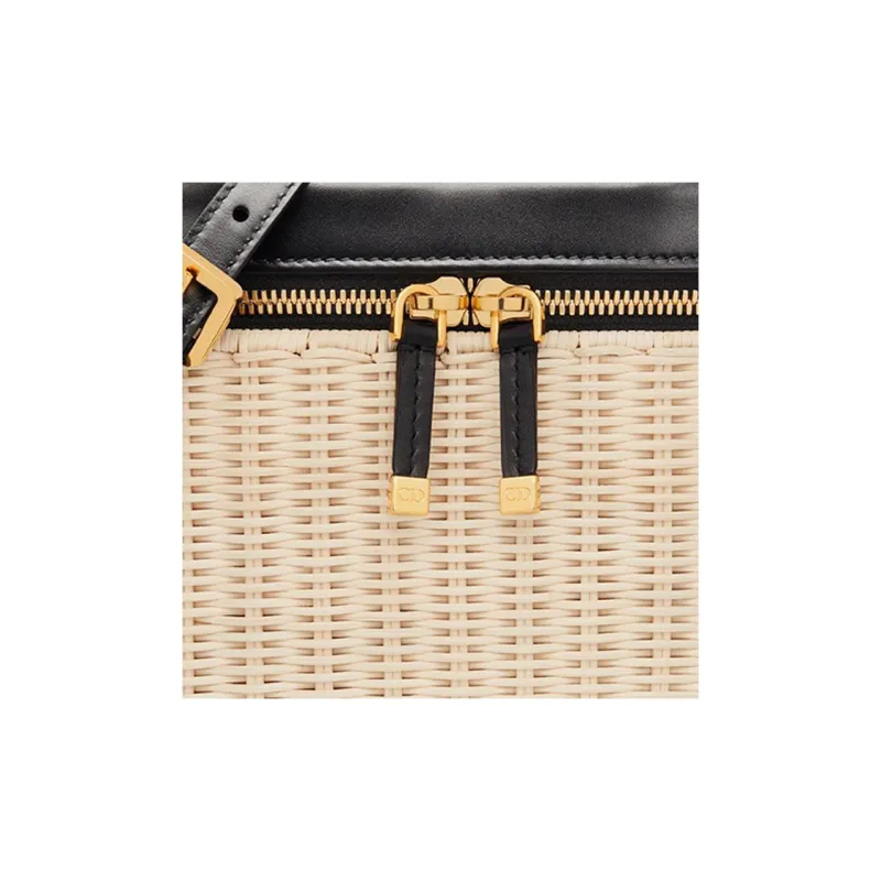 DIOR Wicker With Calfskin Shoulder Bag Crossbody Bag Handbag Makeup Bag Medium Size Women's Natural Color/Black-6