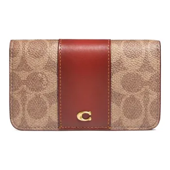COACH Card Case Coated Canvas With Leather Wallet Women's Brown Yellow Rusty