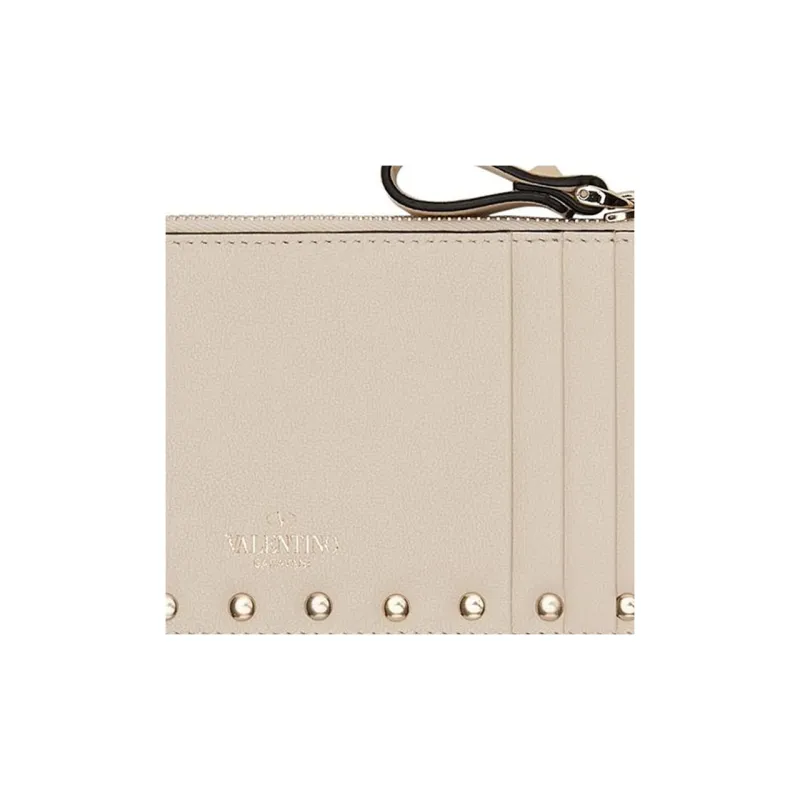 Valentino ROCKSTUD Polished Calfskin Coin Purse Card Holder, Wallet Women's Light Ivory-2