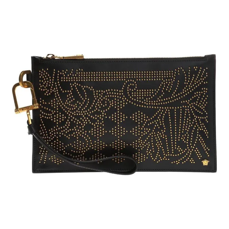 VERSACE Calfskin Clutch Men's Black-2