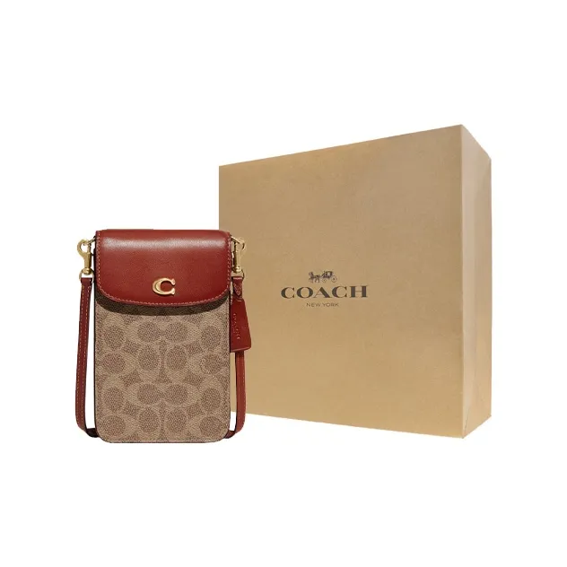 COACH Canvas With Calfskin Cell Phone Pouch, Shoulder Bag, Crossbody Bag Mini Women's Brown & Dark Rosewood-7