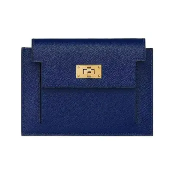 HERMES Kelly Pocket Cow Leather Card Holder Wallet Women's Sapphire Blue