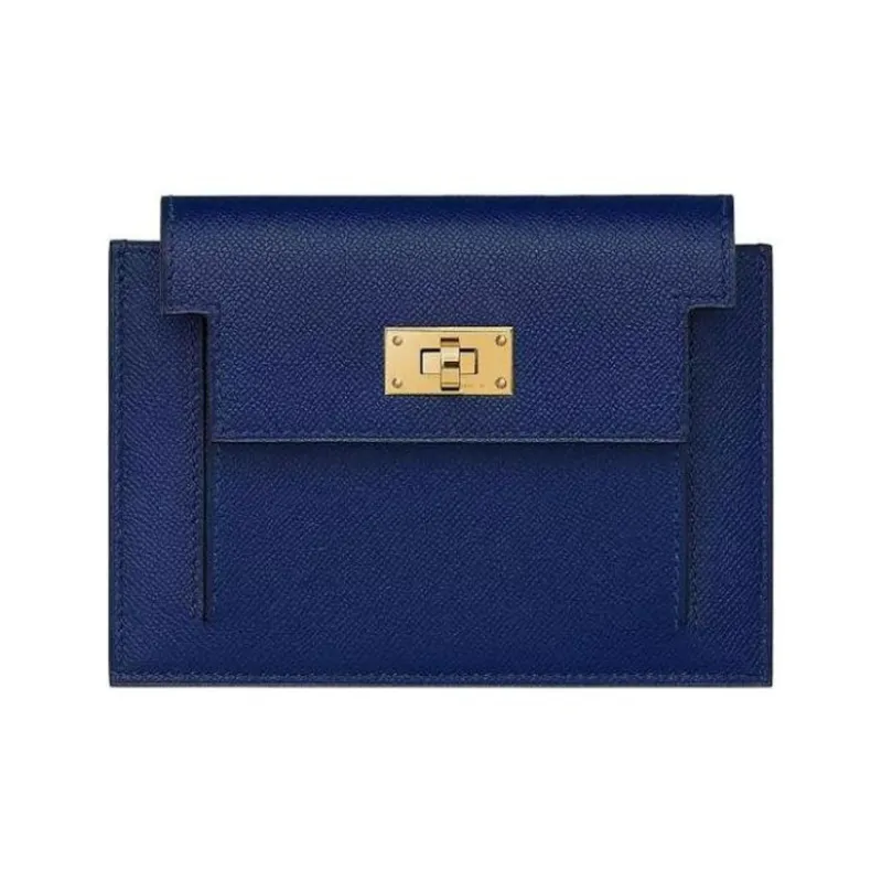HERMES Kelly Pocket Cow Leather Card Holder Wallet Women's Sapphire Blue-0