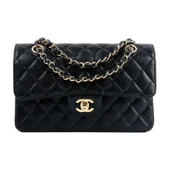 CHANEL Classic Double Flap Quilted Caviar Gold tone Small Black