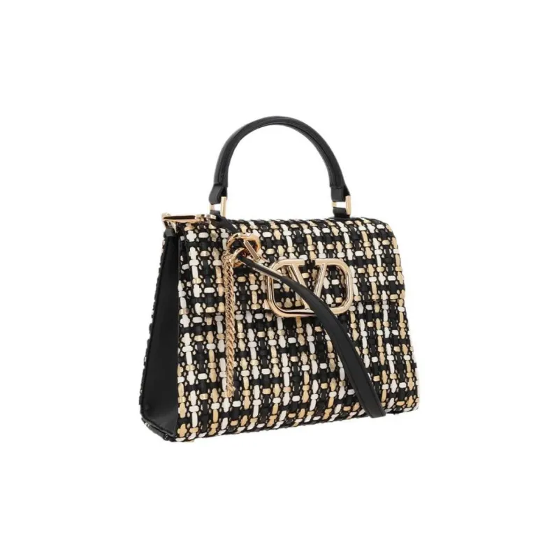 Valentino VSLING Calfskin Patchwork Fabric Shoulder Bag Crossbody Bag Handbag Small Size Women's Black-1
