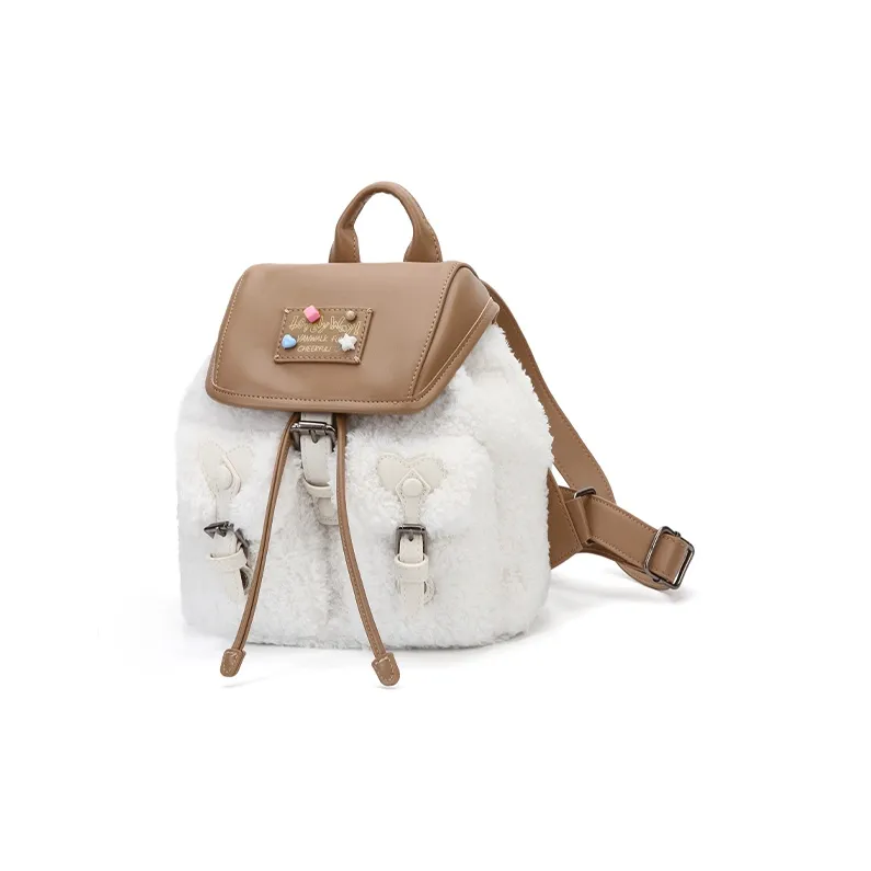 VANWALK Plush Polyester Backpack Regular Women's Cream Puff Milkshake White/Hazelnut Cocoa Brown-1
