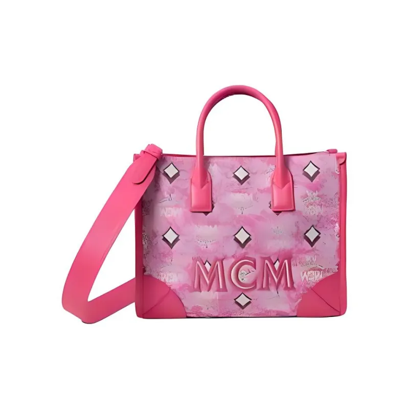 MCM Vintage Monogram Fabric Cow Leather Patchwork Shoulder Bag Crossbody Bag Handbag Small Size Women's Pink-3