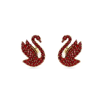 Swarovski Iconic Swan Faux Crystal Gold Plated Faux Pearl Stud Earrings Women's Red