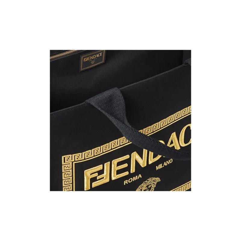 VERSACE X FENDI Collaboration Canvas Tote Bag Shopping Bag Shoulder Bag Handbag Large Size Men's Black-4