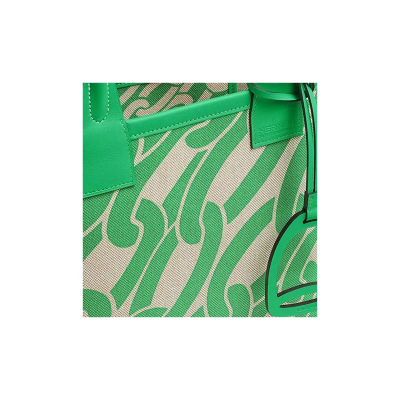 HERMES Steeple H Plume Canvas With Swift Calfskin Tote Bag Shopping Bag Handbag Women's Comics Green/Beige-4