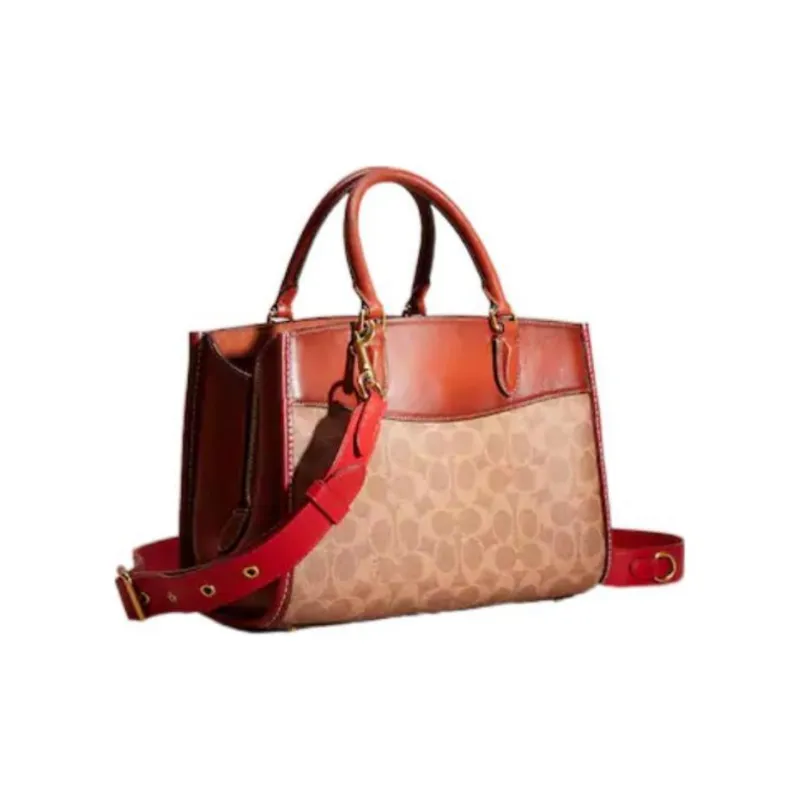 COACH Brooke Jacquard Canvas With Leather Shoulder Bag Crossbody Bag Handbag Medium Size Women's Red & Brown-1