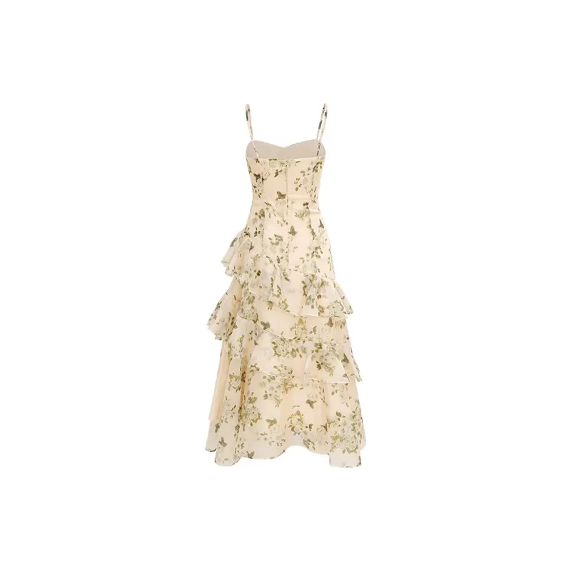 Vine Color Slip Dresses Women's Green Floral-1