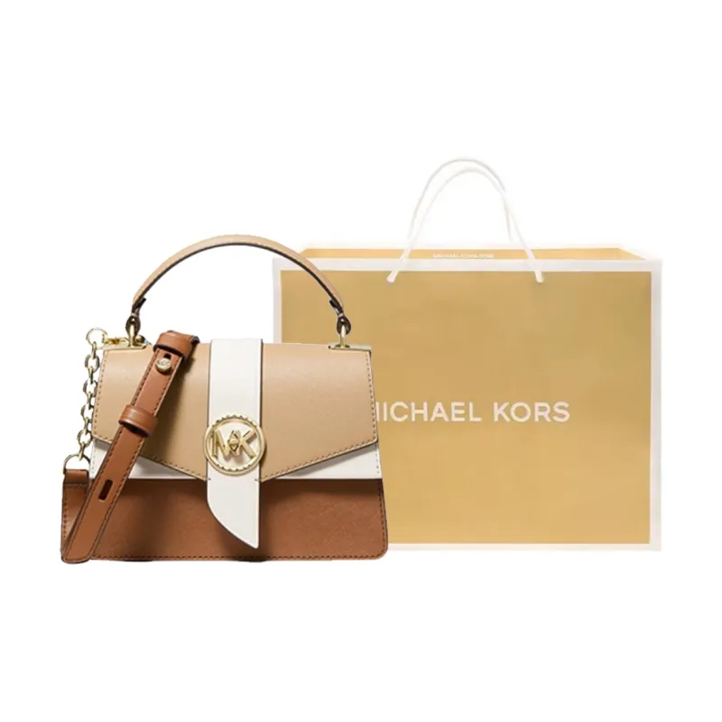 MICHAEL KORS Cow Leather Envelope Bag Crossbody Handbag Shoulder Bag Women's Walnut Brown Camel Milk White Multicolor-4