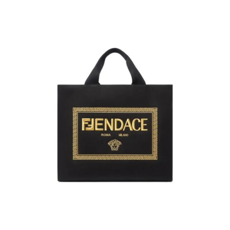 VERSACE X FENDI Collaboration Canvas Tote Bag Shopping Bag Shoulder Bag Handbag Large Size Men's Black-3