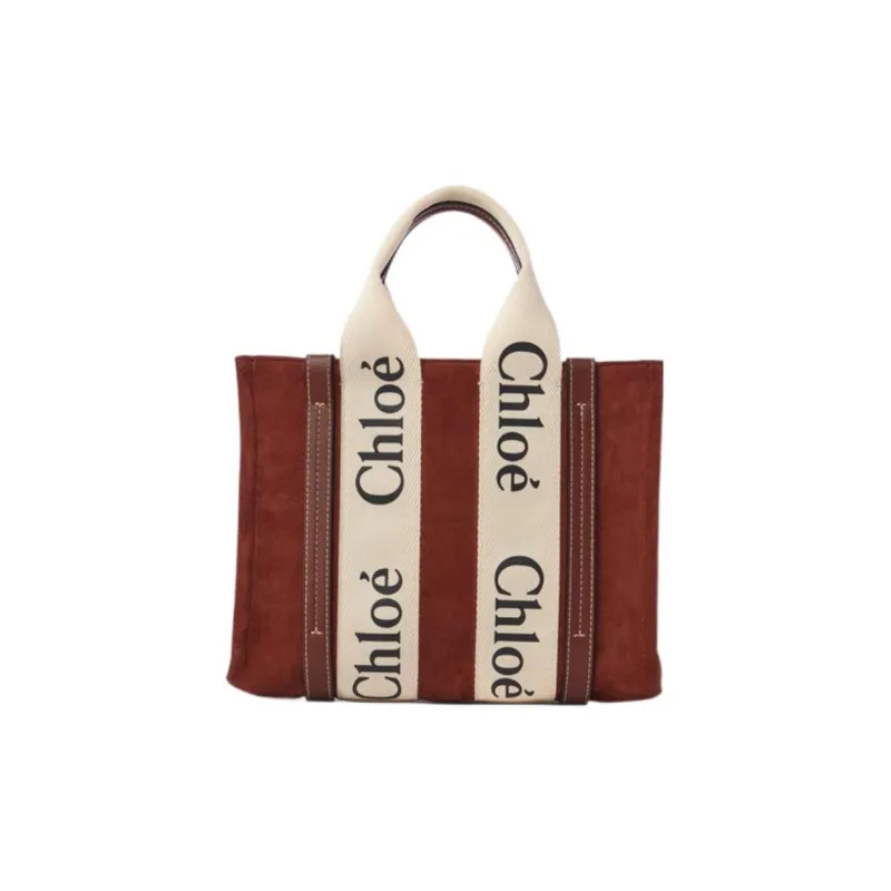 Chloe Woody Suede And Shiny Calfskin Tote Bag Shopping Bag Handbag Small Size Women's Brown-1